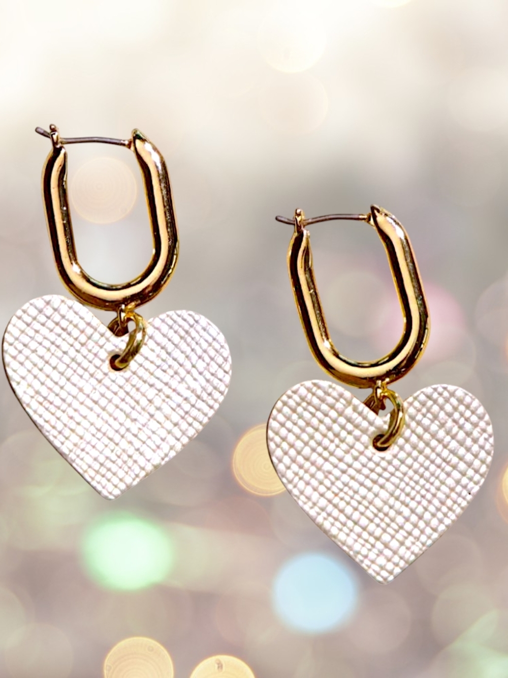 Gold Hoop Earrings with Cream Textured Leather Heart Charms